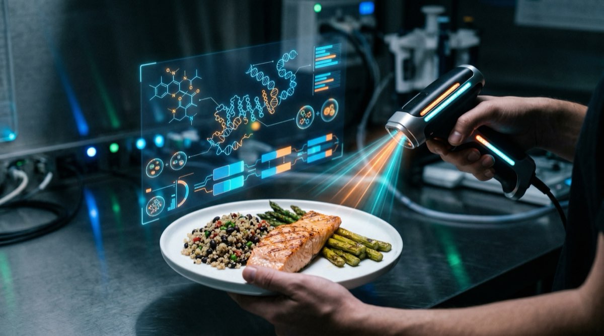AI-powered calorie tracking with photo meal analysis showing holographic macro data overlays on food