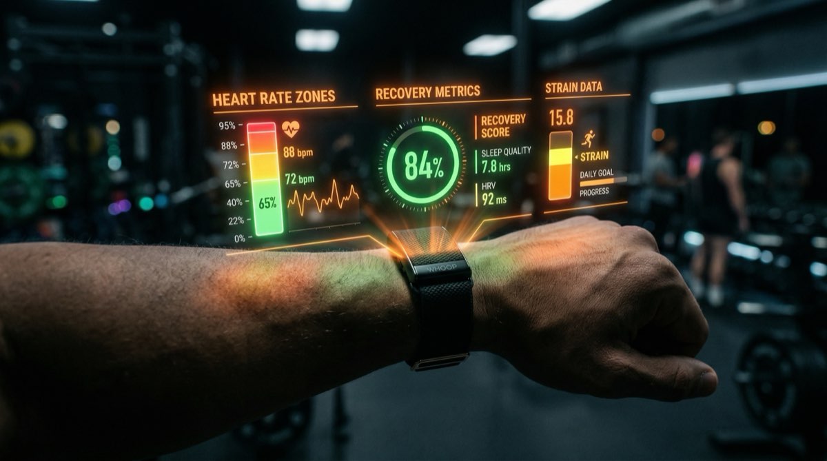 WHOOP wearable integration with Sam Gym showing holographic biometric recovery and strain data